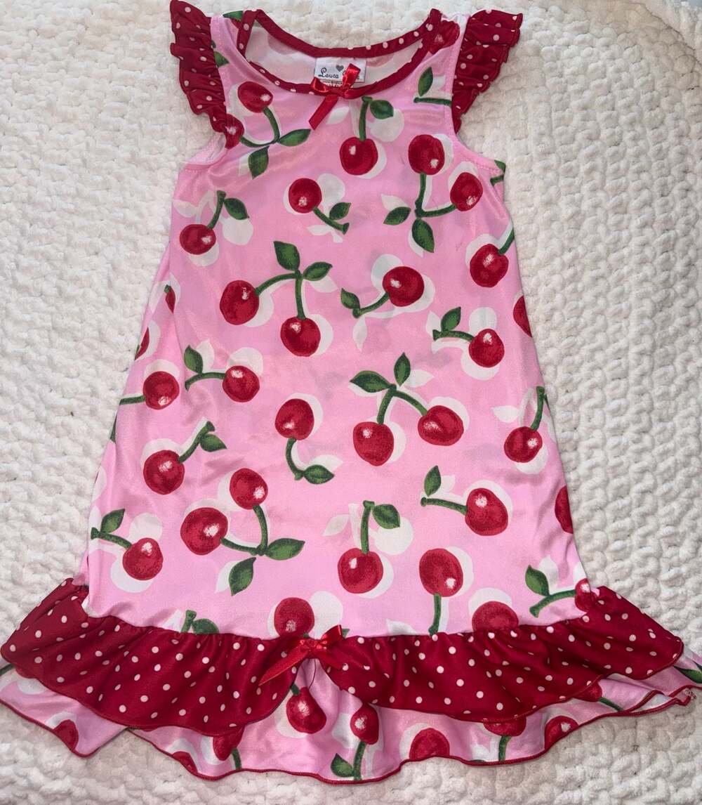 Laura Dare Girls Pink Cherry Print Nightgown with Polka Dot Ruffles Size 3T